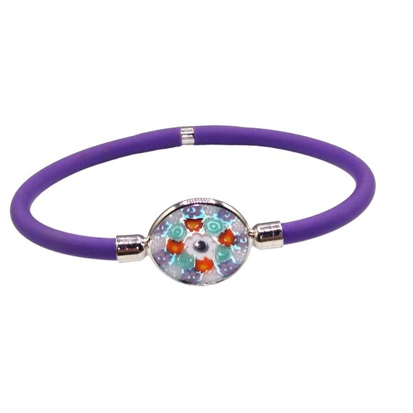 Millefiori Disc Silicone Bracelet, Purple and Flowers, Gift for Her, Murano Glas - Picture 2 of 4